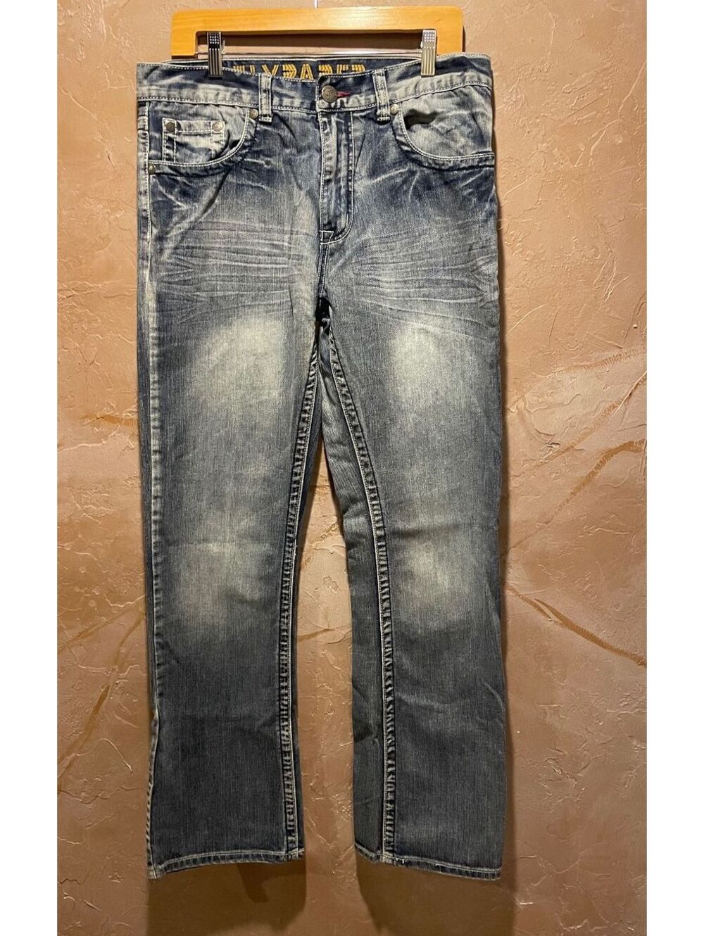 Flypaper Womens Jeans Bootcut Size 34x32 Embellished Pockets Distressed Wash y2k